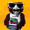Hooter wearing sunglasses and carrying a stack of books