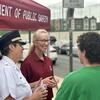 Image of Vice President of Public Safey Jennifer Griffin (center) and Executive Deputy Operations Denise Wilhelm speak with students at the Welcome Wagon on Tuesday