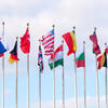A collection of international flags flying from flagpoles.