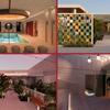 "Renderings of Grotto in Miami's Wynwood arts district: indoor soaking pool, tiled entrance courtyard, patio with plants, and corridor.