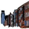 Illustration of North Philly rowhomes and Center City skyline