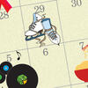 a calendar with records, ramen noodles and ice skates