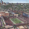 a sketched rendering showing an aerial view of the proposed stadium