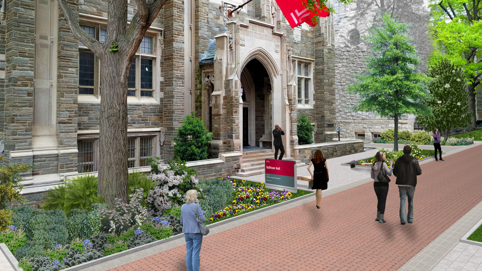 A rendering of upgraded landscaping outside Sullivan Hall.