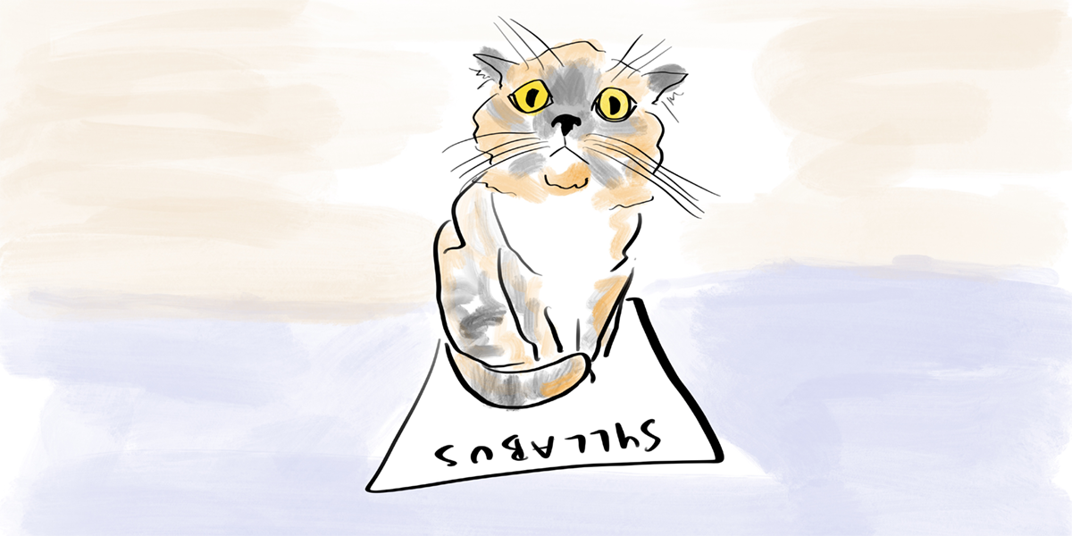 illustration of a cat sitting on a syllabus and looking concerned