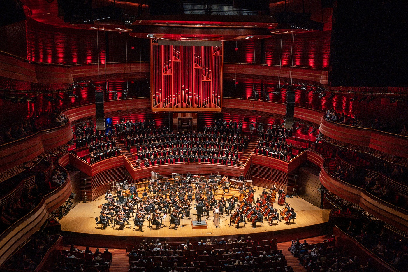 The Temple University Symphony Orchestra, Studio Orchestra and Choirs in a performance.