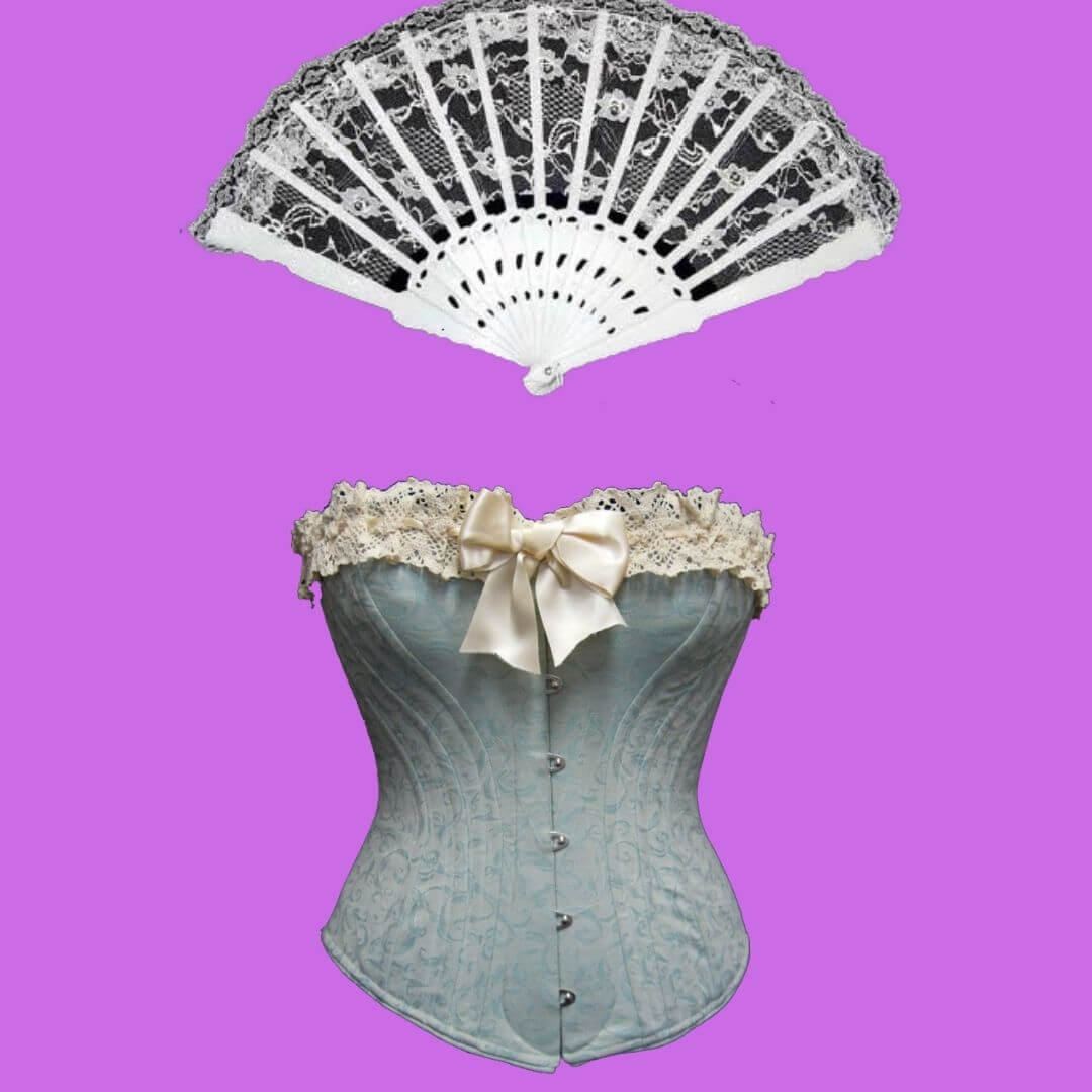 Black and white images of a fan and a corset, part of the poster for