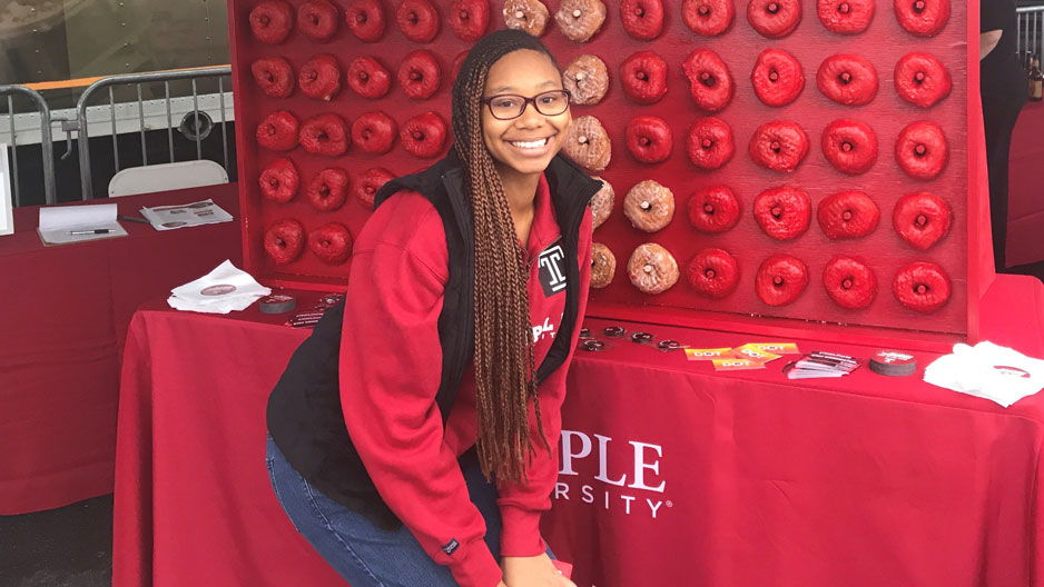 Verishia Coaxum wearing a Temple sweatshirt