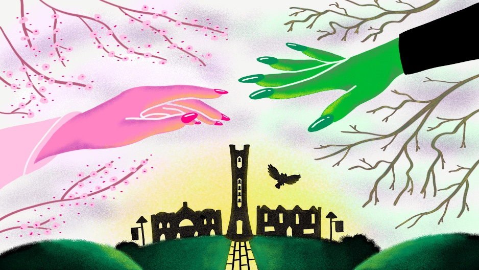 Pink hand and green hand extend towards each other in front of silhouette of Temple's campus