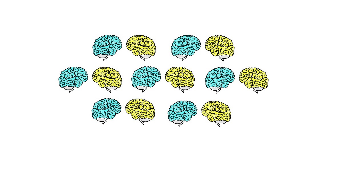 Many bright blue and yellow brains floating together.