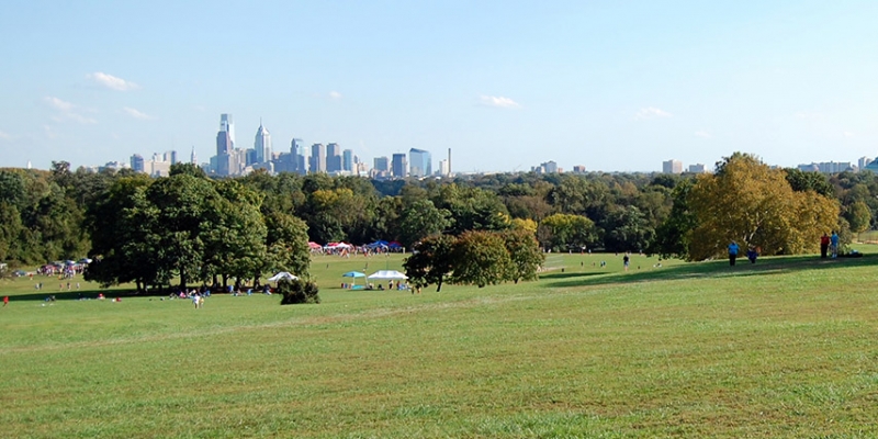 A section of Fairmount Park with Philadelphia s skyline in the distance.